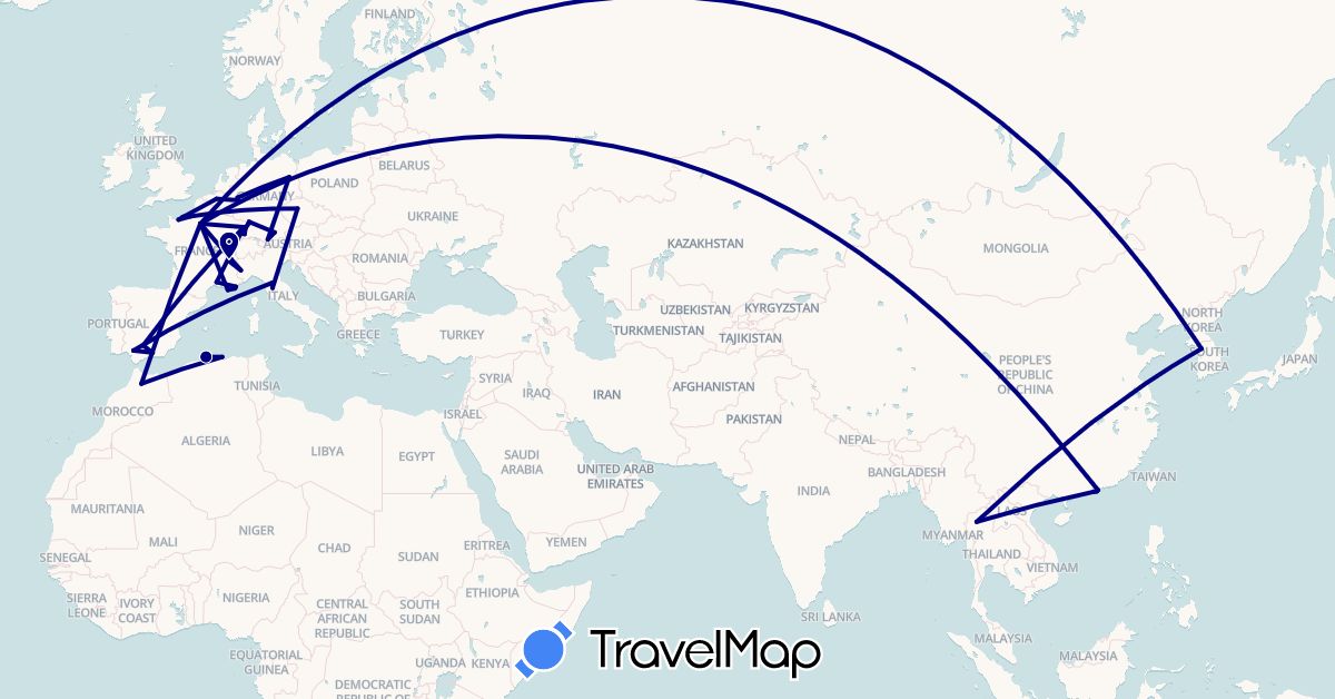 TravelMap itinerary: driving in Belgium, Czech Republic, Germany, Algeria, Spain, France, Hong Kong, Italy, South Korea, Morocco, Macau, Thailand (Africa, Asia, Europe)
